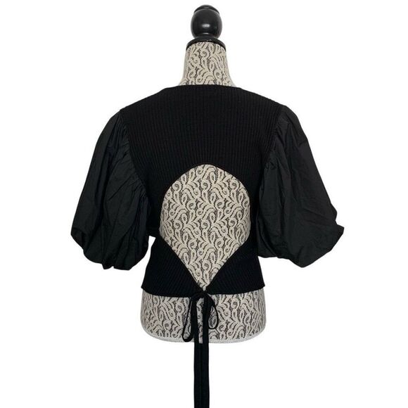 En Saison Maxime Puff Sleeve‎ Ribbed Knit Backless Tied Blouse in Black Size M - Picture 5 of 12